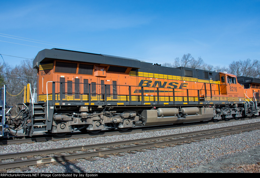 BNSF 8216 is fourth out on the Empty Grain Train 